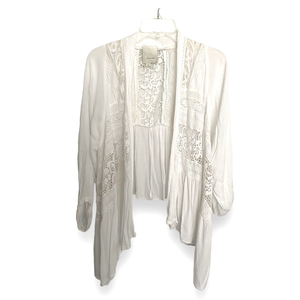 ANTHROPOLOGIE Women’s Top Cardigan Sz M/L Blouse White Crochet Ruffles Bottom